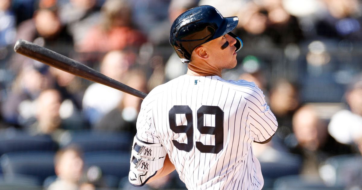 Aaron Judge #99 of the New York Yankees bats during the seventh inning against the San Francisco Giants on Opening Day at Yankee Stadium on Thursday in the Bronx borough of New York City.
