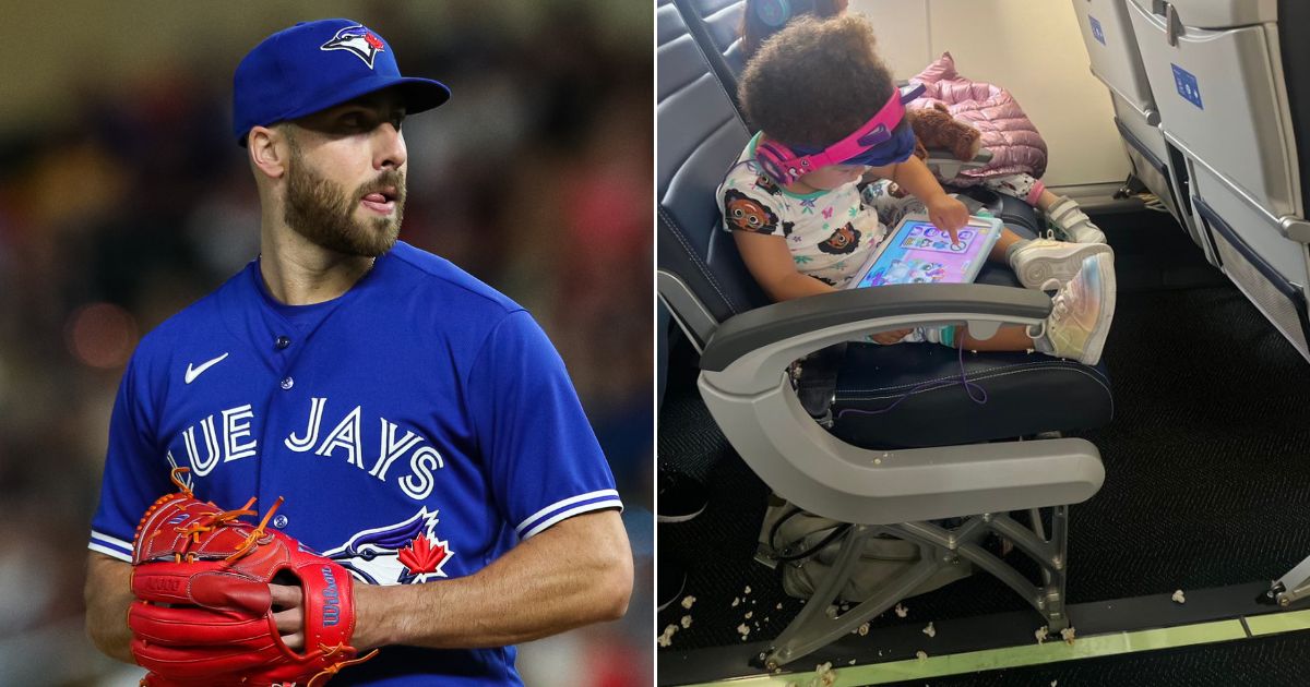 Toronto Blue Jays pitcher Anthony Bass, left, wasn't happy with how a United flight attendant treated his pregnant wife after his kids made a mess during a flight, right.