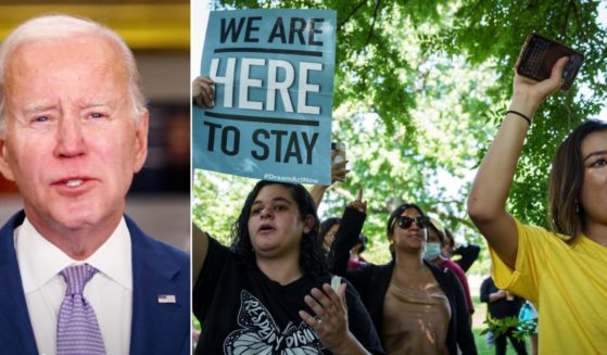 President Joe Biden, left, announced his intention to allow immigrants to participate in Obamacare and Medicaid. At right, immigration advocates are seen rallying to urge Congress to pass permanent protections for DACA recipients in June 2022.