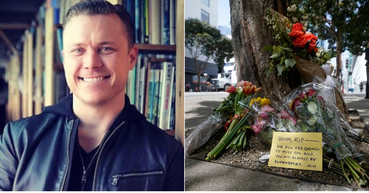 A memorial of flowers, right, sits outside of a building where Bob Lee, left, was fatally stabbed in San Francisco, California, on April 4.