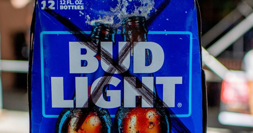A case of Bud Light is displayed with an "X" across it as part of a protest against Anheuser-Busch in 2021, after it came out the company had made political donations to politicians that did not support transgender bills.