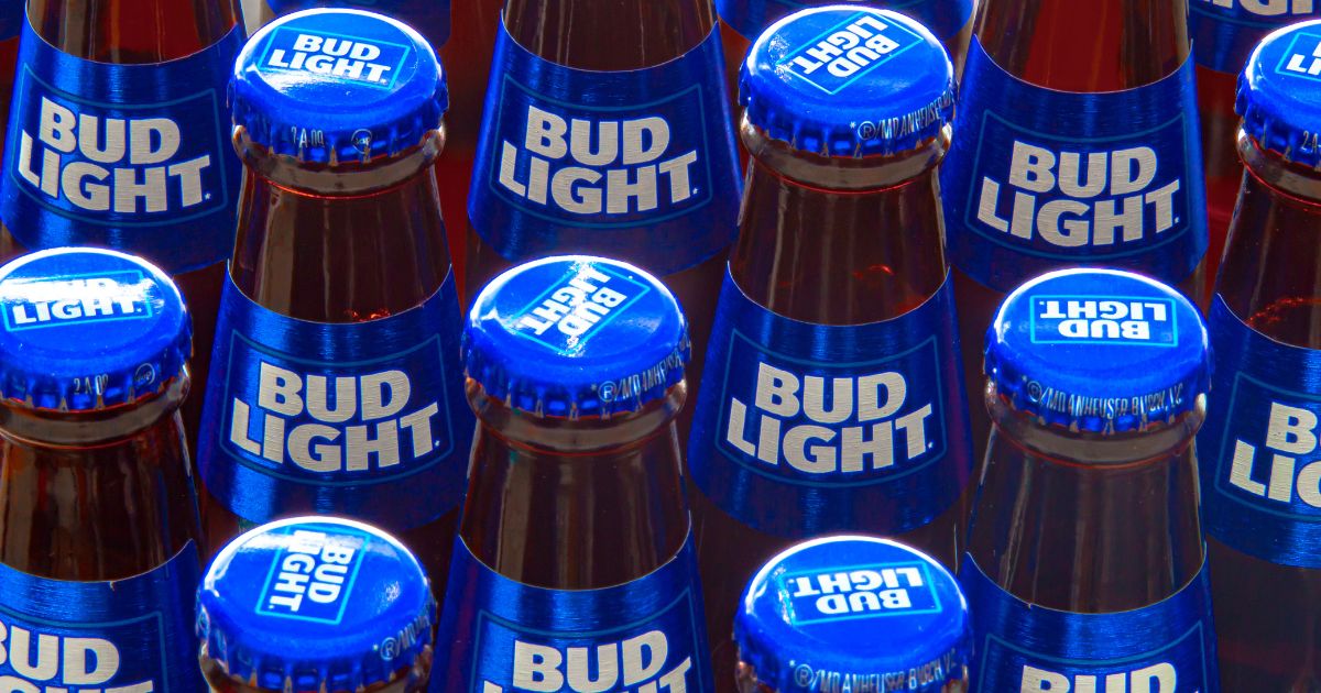 A stock photo shows bottles of Bud Light beer displayed in Calgary, Alberta, on Oct 16, 2020.