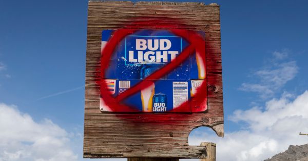 A Bud Light box is photographed with a red "X" over it as part of the boycott of the beer after it partnered with Dylan Mulvaney.