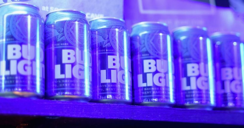 Cans of Bud Light are lined up during the bud Light's Dive Bar Tour with Post Malone in Nashville, Tennessee, on April 4, 2018.