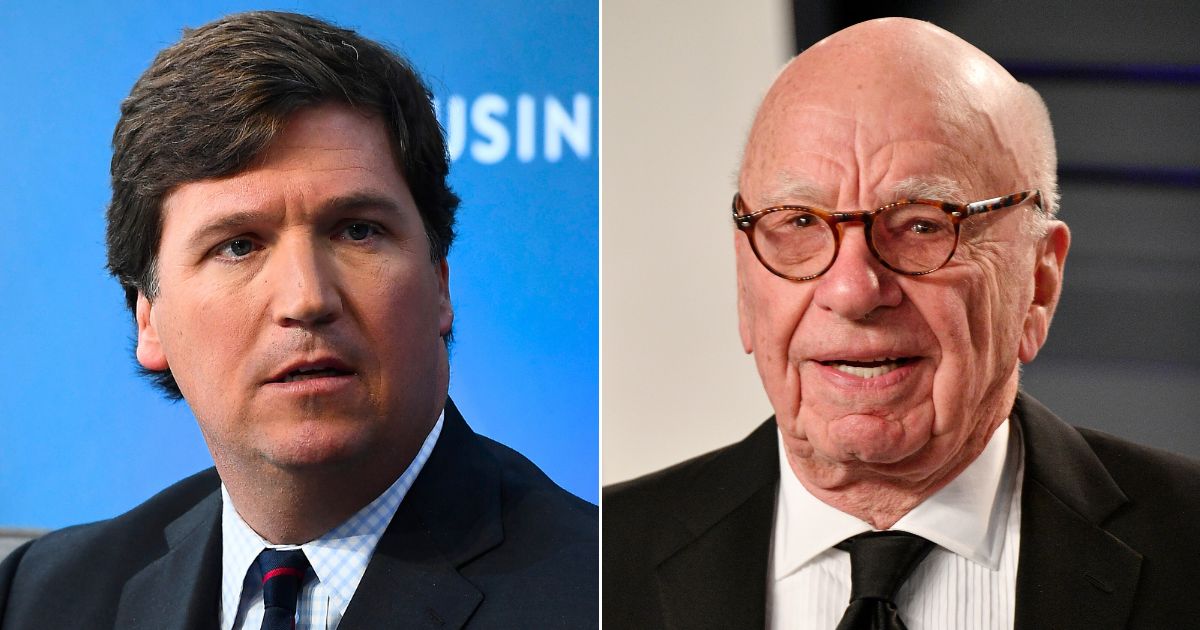 At left, Tucker Carlson speaks onstage at the Time Warner Center in New York City on Nov. 29, 2017. At right, Rupert Murdoch attends an Oscars event at the Wallis Annenberg Center for the Performing Arts in Beverly Hills, California, on Feb. 24, 2019.