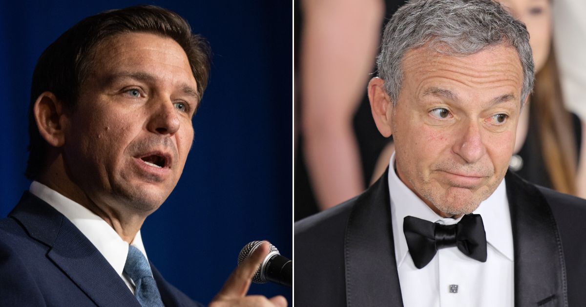 Disney CEO Bob Iger, right, told Time he would be willing to sit down and talk with Florida Gov. Ron DeSantis, left, to iron out recent conflicts between his company and the state.