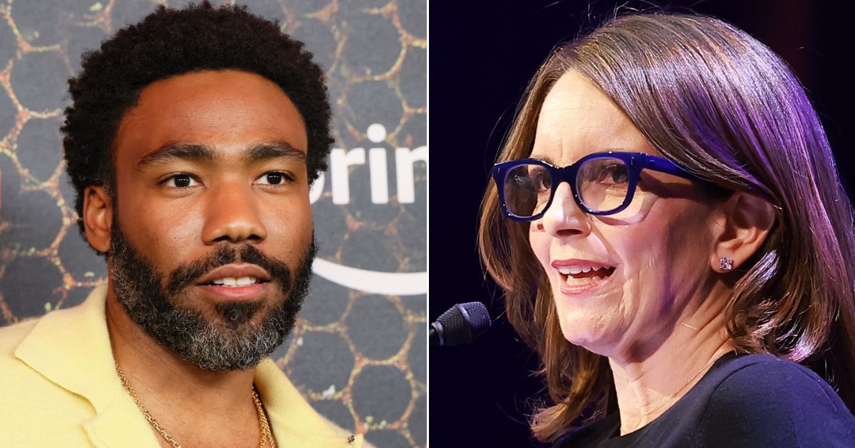 At left, Donald Glover attends the Los Angeles premiere of "Swarm" at Lighthouse Artspace LA on March 14. At right, Tina Fey speaks during the 60th annual PEN America Literary Awards at Town Hall in New York City on March 2.