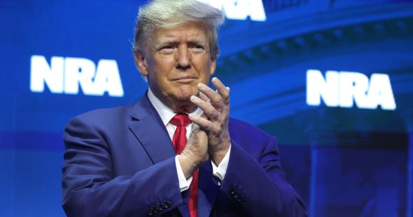 Former President Donald Trump speaks to guests at the 2023 NRA-ILA Leadership Forum in Indianapolis, Indiana, on April 14.