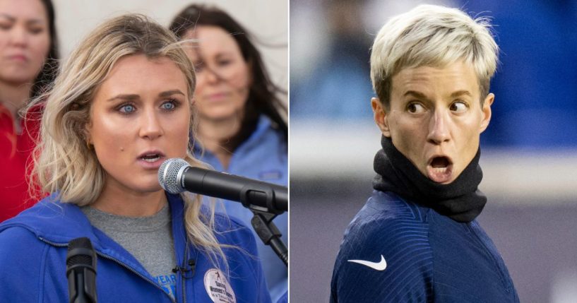 At left, former University of Kentucky swimmer Riley Gaines speaks at a rally outside of the NCAA Convention in San Antonio on Jan. 12. At right, U.S. soccer player Megan Rapinoe reacts during warm-ups before a friendly match against Germany at Red Bull Arena in Harrison, New Jersey, on Nov. 13, 2022.
