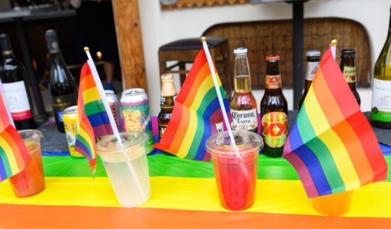 Drinks are displayed with pride flags outside a bar in the West Village in New York City in this file photo from June 2020.