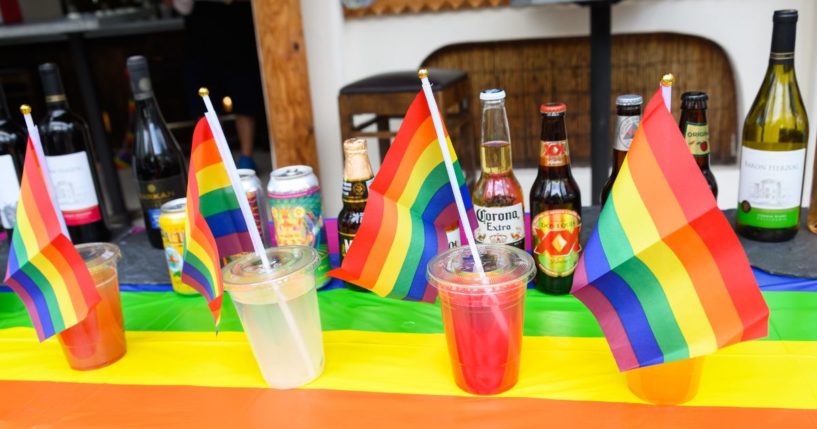 Drinks are displayed with pride flags outside a bar in the West Village in New York City in this file photo from June 2020.