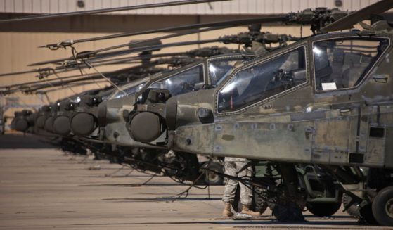 A row of AH-64D Apache Longbow helicopters is seen in an undated file photo taken at Pinal Airpark, Arizona.
