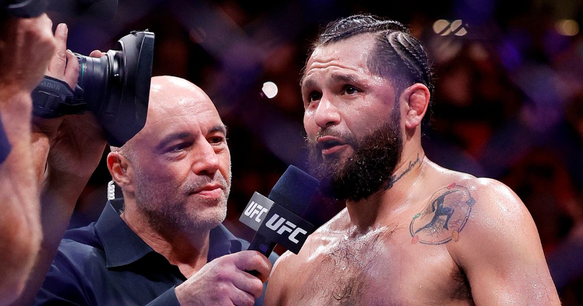 Jorge Masvidal, right, speaks with UFC commentator Joe Rogan, left, announcing his retirement after his loss to Gilbert Burns at UFC 287 in Miami, Florida, on Saturday.