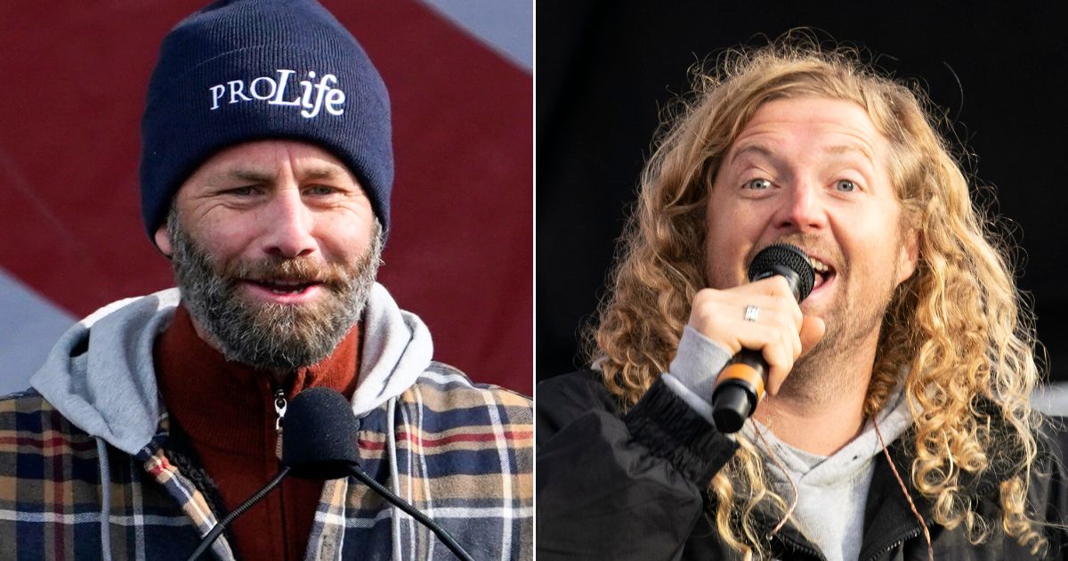 At left, actor Kirk Cameron speaks at the March for Life rally on the National Mall in Washington on Jan. 21, 2022. At right, Christian musician Sean Feucht speaks during a prayer rally on the National Mall on Oct. 25, 2020.