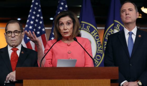 From left, Democratic Reps. Jerrold Nadler of New York, Nancy Pelosi of California and Adam Schiff of California stand together during a news conference at the U.S. Capitol in Washington on Jan. 15, 2020.