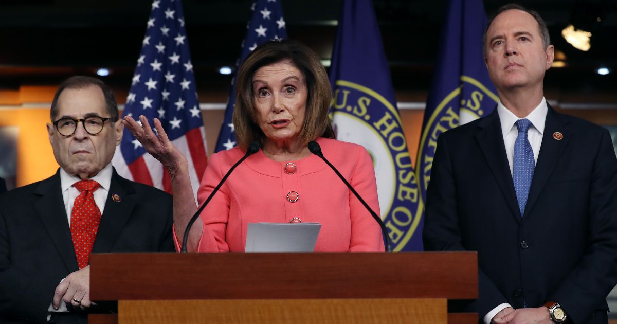 From left, Democratic Reps. Jerrold Nadler of New York, Nancy Pelosi of California and Adam Schiff of California stand together during a news conference at the U.S. Capitol in Washington on Jan. 15, 2020.