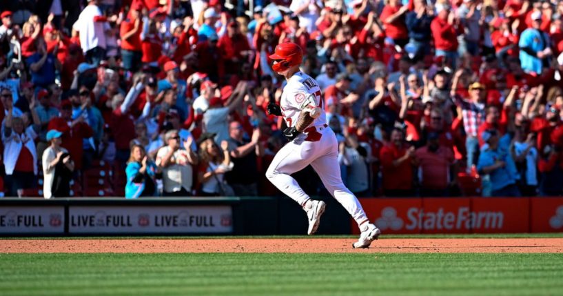 Tyler O'Neill #27 of the St. Louis Cardinals rounds the bases after hitting a two-run home run against the St. Louis Cardinals in the third inning on Opening Day at Busch Stadium on Thursday in St. Louis.