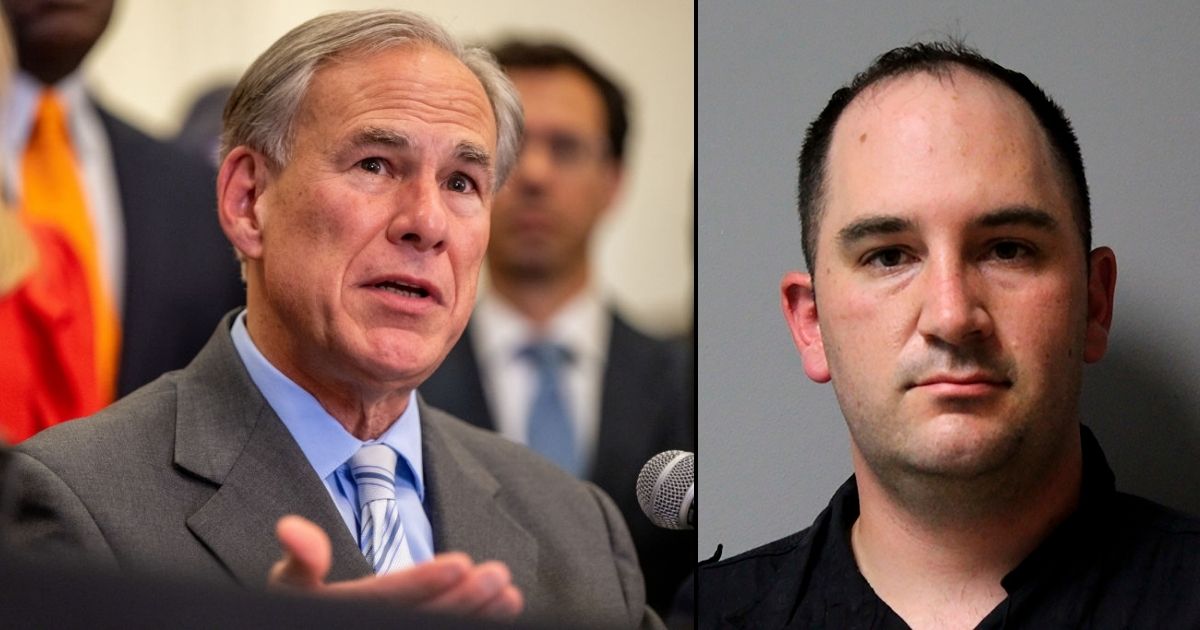 Texas Gov. Greg Abbott speaks during a news conference on March 15 in Austin, Texas. The booking photo on the right shows U.S. Army Sgt. Daniel Perry.