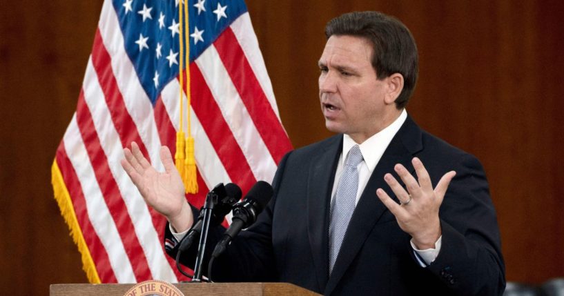 Florida Gov. Ron DeSantis answers questions from the media on March 7 in Tallahassee, Florida.