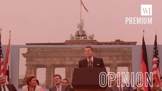 President Ronald Reagan addresses the people of West Berlin near the Berlin Wall on June 12, 1987.