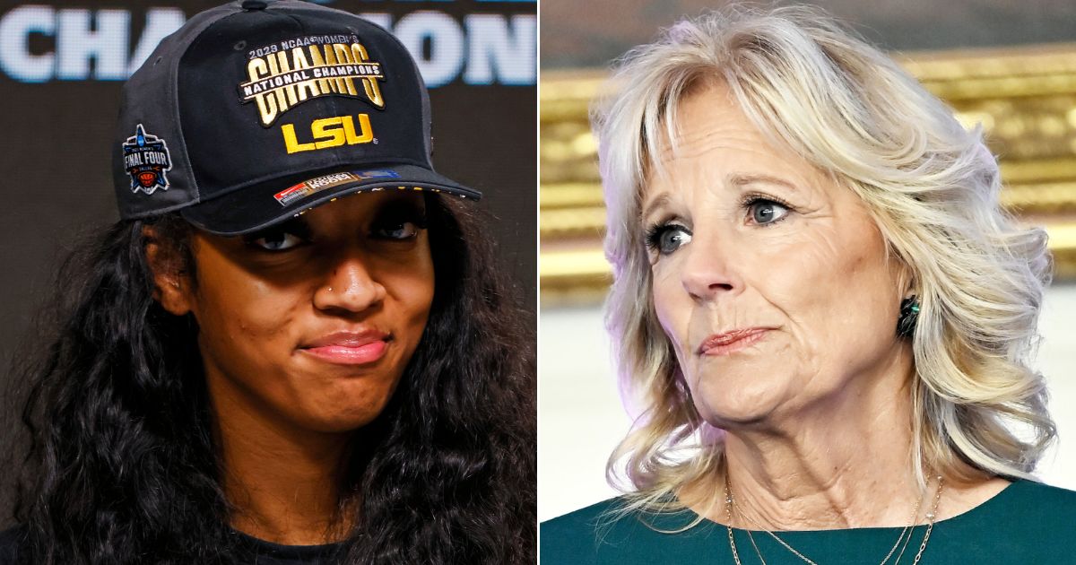 LSU basketball star Angel Reese, left, spoke out about first lady Jill Biden's off-the-cuff invitation to have the runner-up Iowa Hawkeyes join the title-winning Tigers for the traditional White House champions' visit.