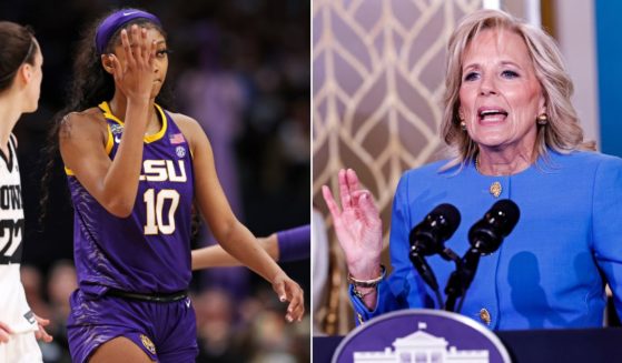 At left, LSU's Angel Reese taunts Iowa's Caitlin Clark in the fourth quarter of the NCAA Women's Basketball Tournament championship game at American Airlines Center in Dallas on Sunday. After the Tigers won 102-85, first lady Jill Biden, right, suggested both teams should come to the White House for the traditional champions' visit.