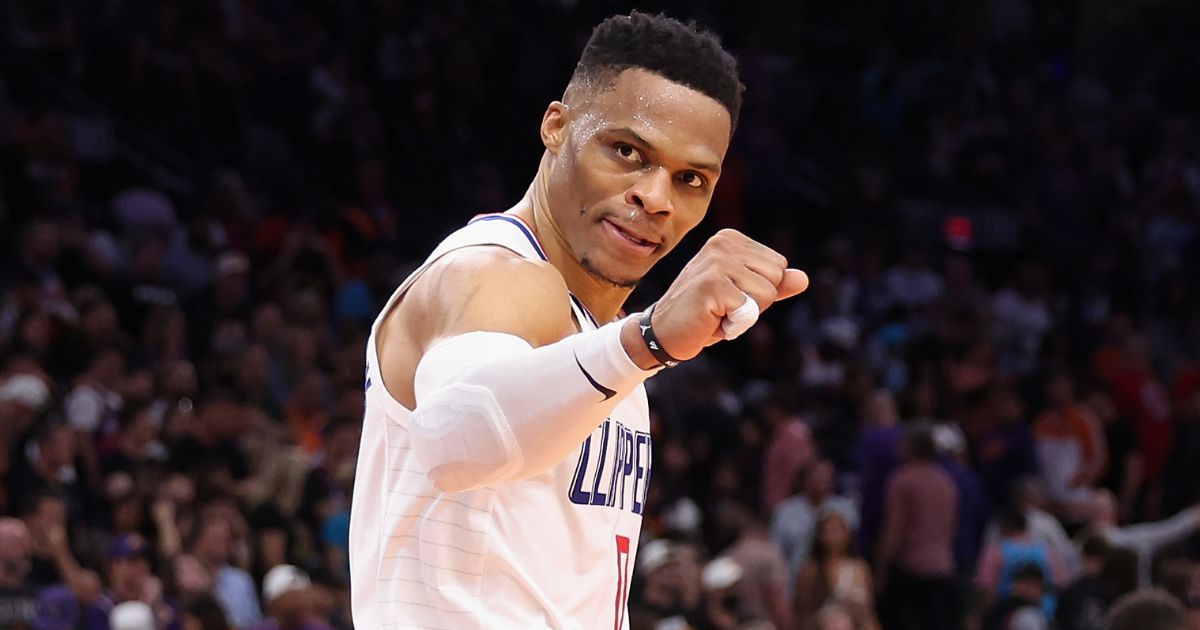 Los Angeles Clippers player Russell Westbrook celebrates after Game One of the Western Conference First Round Playoffs against the Phoenix Suns in Phoenix, Arizona, on Sunday.