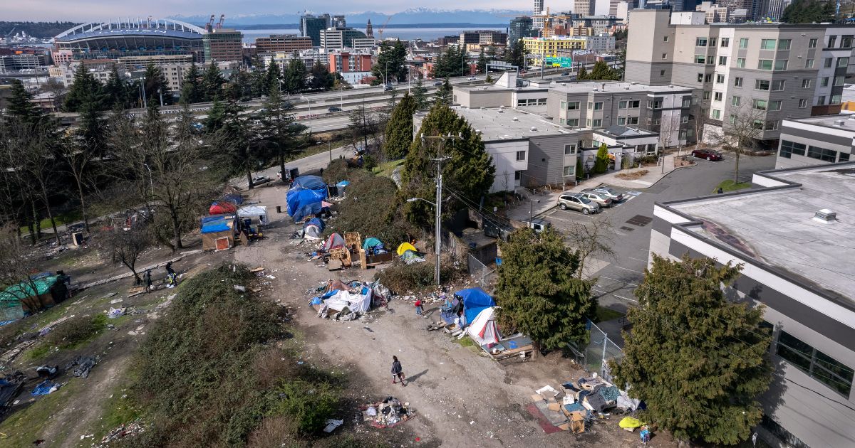 This photo provides an aerial view of a homeless encampment - known as the "Dope Slope" - in Seattle, Washington, on March 12, 2022.