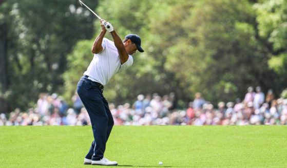 Tiger Woods plays his shot from the fifth hole fairway during the first round of the 2023 Masters Tournament in Augusta, Georgia, on Thursday.
