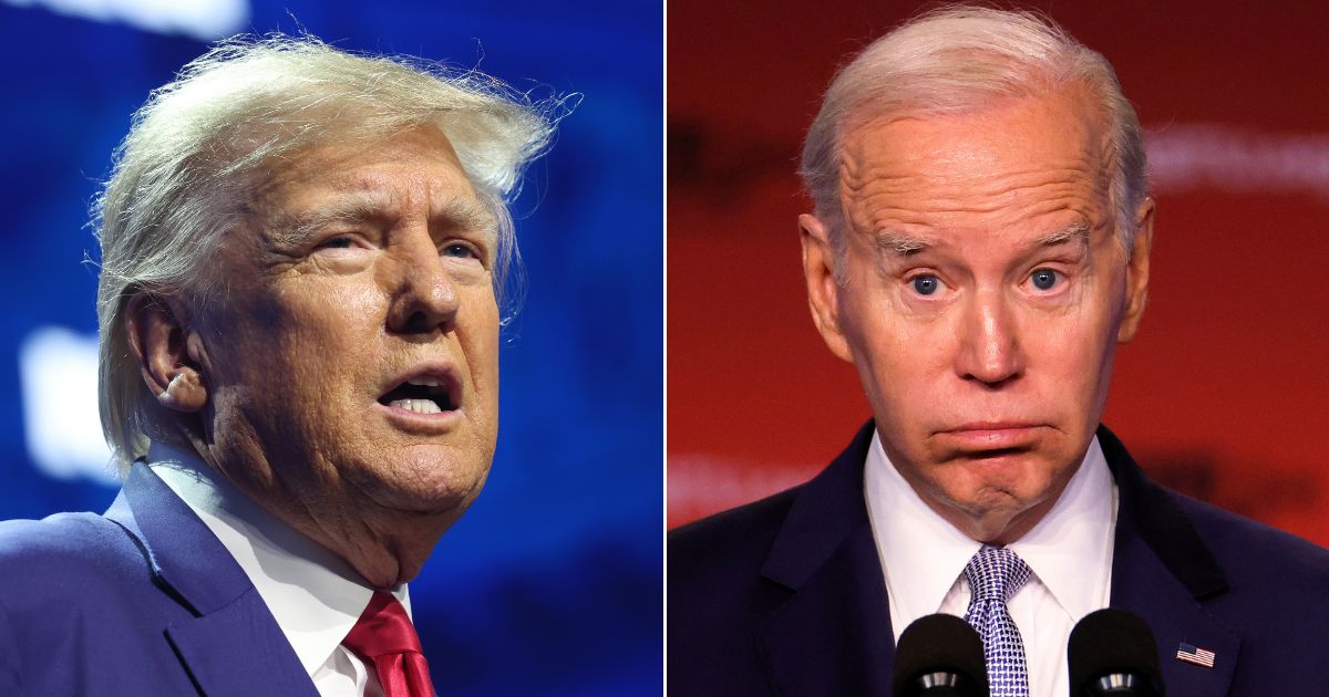 At left, former President Donald Trump speaks at the 2023 NRA-ILA Leadership Forum in Indianapolis, Indiana, on April 14. At right, President Joe Biden speaks at the North America's Building Trades Unions legislative conference at the Hilton in Washington on Tuesday.