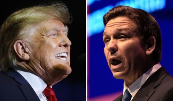 Former President Donald Trump, left, speaks at a campaign rally on Thursday in Manchester, New Hampshire. Florida Gov. Ron DeSantis speaks at a conference on Thursday in Jerusalem.
