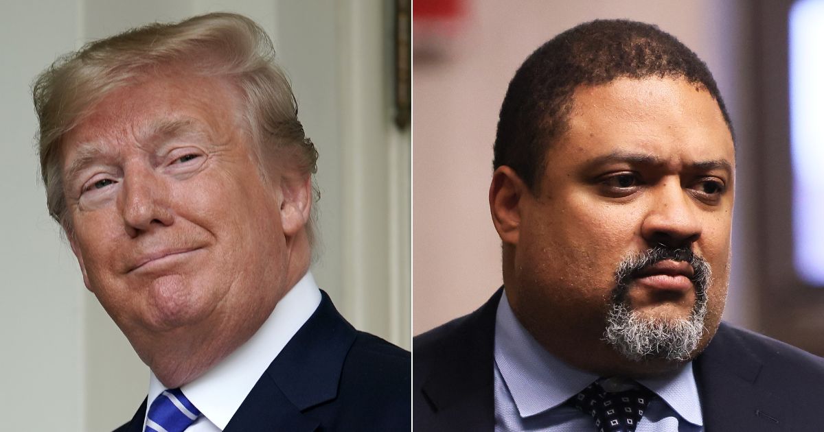 Manhattan District Attorney Alvin Bragg, right, could face up to five years in prison for allegedly leaking the grand jury document discussing the indictment of former President Donald Trump, left.