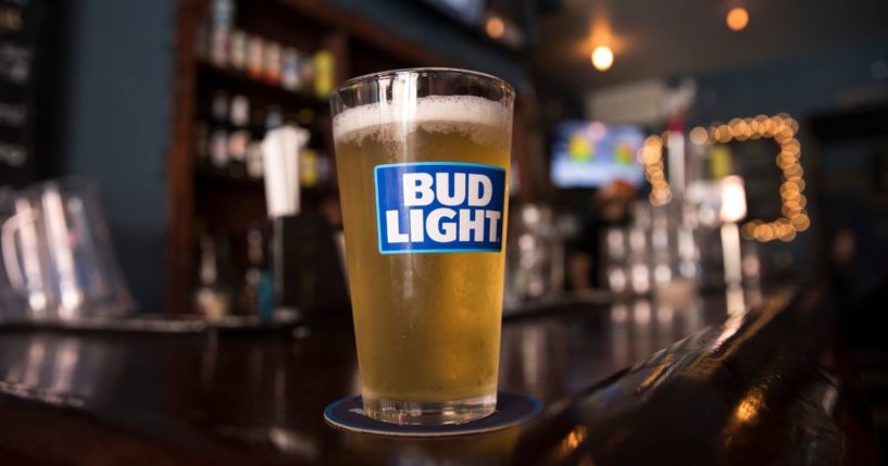 In this photo illustration, a glass of Bud Light sits on a bar, on July 26, 2018, in New York City.