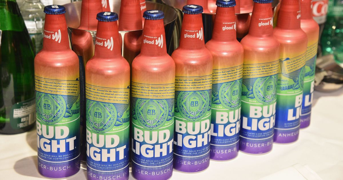 Rainbow bottles of Bud Light are seen on May 4, 2019, in New York City.