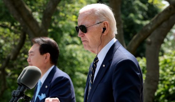 President Joe Biden (R) and South Korean President Yoon Suk-yeol hold a joint press conference in the Rose Garden at the White House on Wednesday in Washington, D.C.