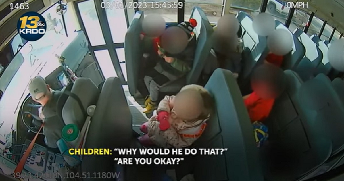 A scene from inside a Colorado school bus where the driver stopped suddenly on purpose.