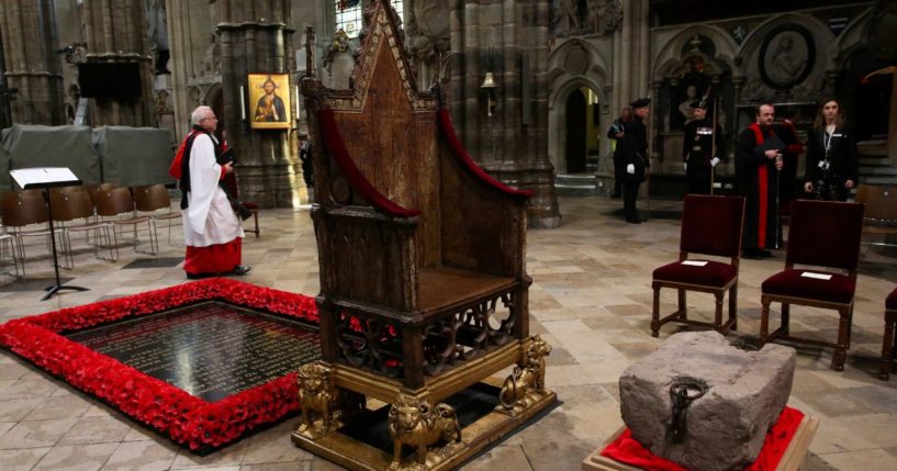 The Stone of Destiny is seen during a welcome ceremony ahead of the coronation of Britain's King Charles III, in Westminster Abbey, London, on Saturday.