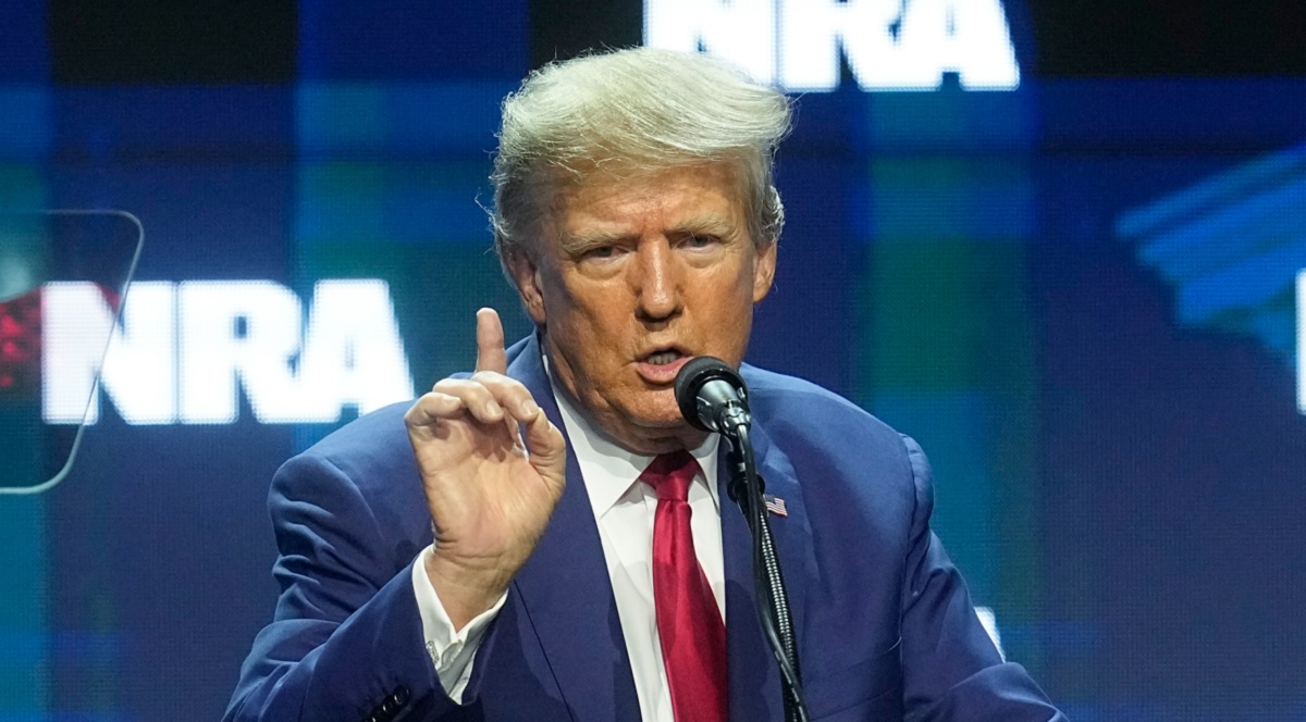 Former President Donald Trump speaks during the National Rifle Association Convention on April 14 in Indianapolis.