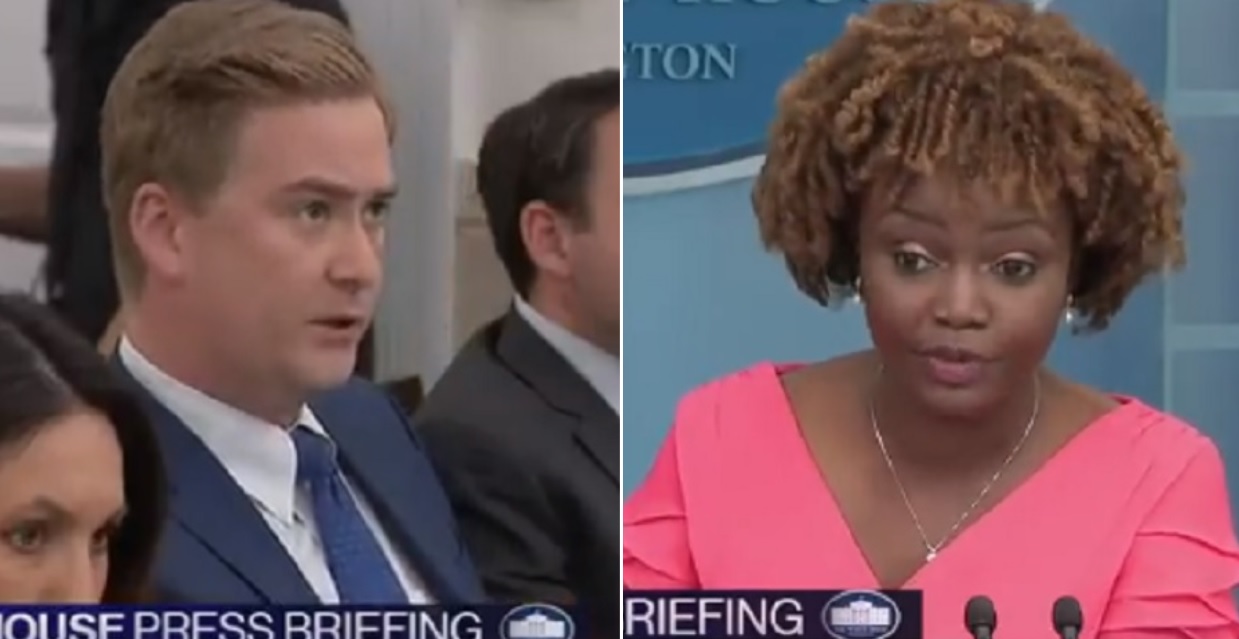 Fox News White House correspondent Peter Doocy, left, questions White House press secretary Karine Jean-Pierre, right.