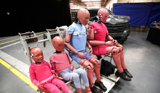 Ford crash test dummies sit at the Crash Barrier Dearborn Development Center March 10, 2014 in Dearborn, Michigan.