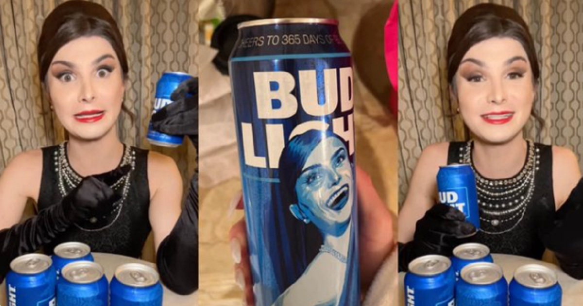 Transgender celebrity Dylan Mulvaney photographs himself and a Bud Light can emblazoned with his face.