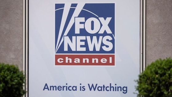 A logo of Fox News is displayed outside Fox News Headquarters in New York on April 12.
