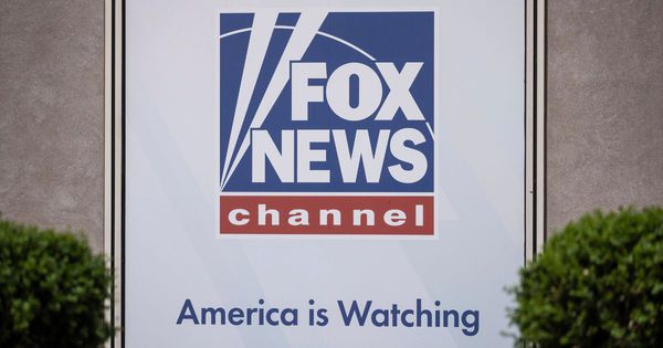 A logo of Fox News is displayed outside Fox News Headquarters in New York on April 12.