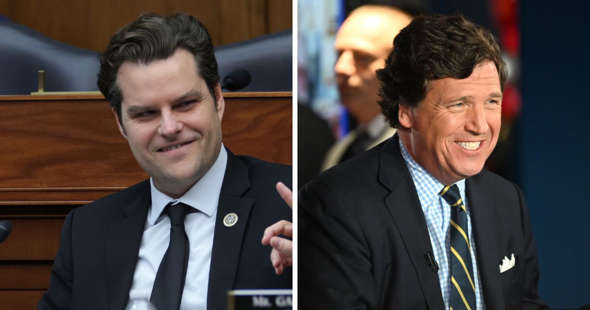 This image shows Rep. Matt Gaetz (L) duing a hearing before the Cyber, Information Technology, and Innovation Subcommittee of the House Armed Services Committee at Rayburn House Office Building on Capitol Hill on March 30, 2023 in Washington, DC, and Tucker Carlson (R) during the 2022 FOX Nation Patriot Awards at Hard Rock Live at Seminole Hard Rock Hotel & Casino Hollywood on November 17, 2022 in Hollywood, Florida.