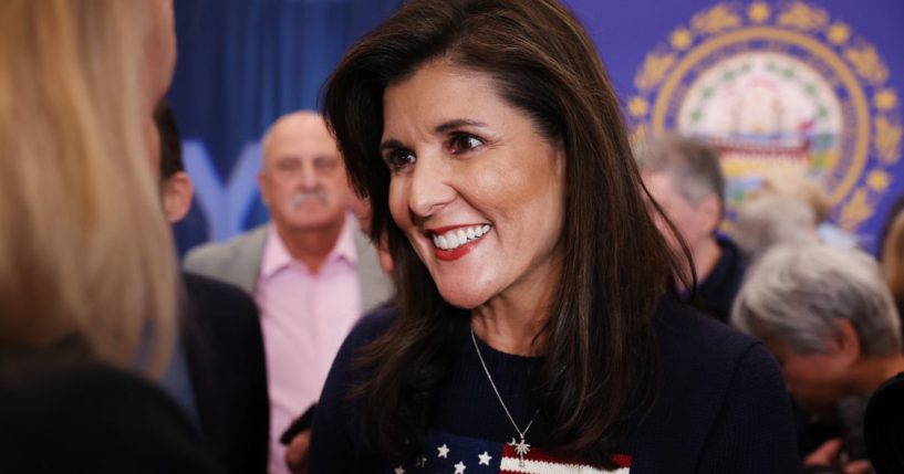 Republican presidential candidate and former U.N. Ambassador Nikki Haley greets voters at a town hall event in New Hampshire on Wednesday in Bedford, New Hampshire.