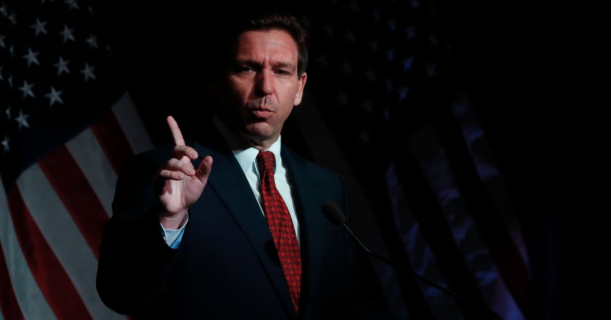Florida Gov. Ron DeSantis addresses attendees at the Midland County Republican Party Dave Camp Spring Breakfast on April 6, 2023 in Midland, Michigan.