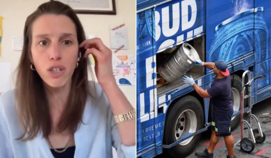 Anheuser-Busch marketing vice president Alissa Heinerscheid, left; a driver unloads a keg of Bud Light from a truck, right.