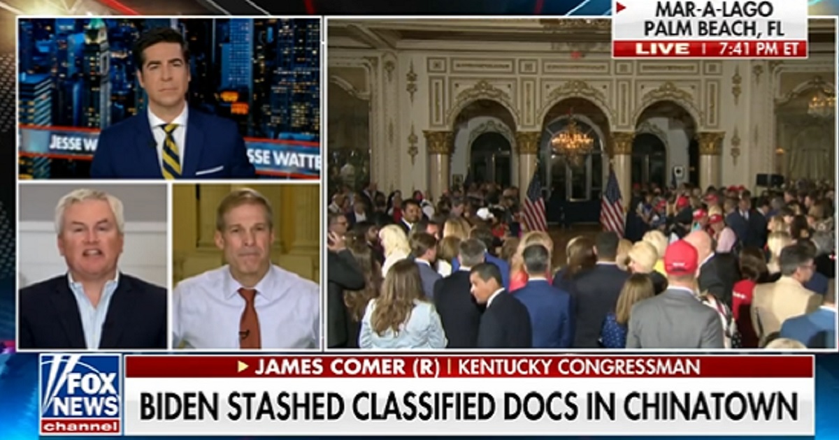 Fox News' Jesse Watters interviews Kentucky Republican Rep. James Comer and Ohio Republican Rep. Jim Jordan on Tuesday.
