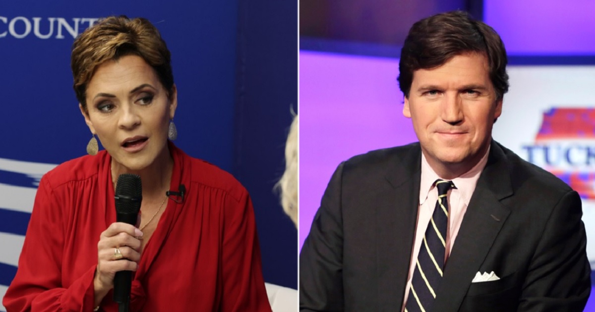 Arizona Republican Kari Lake, left; former Fox News host Tucker Carlson, right.