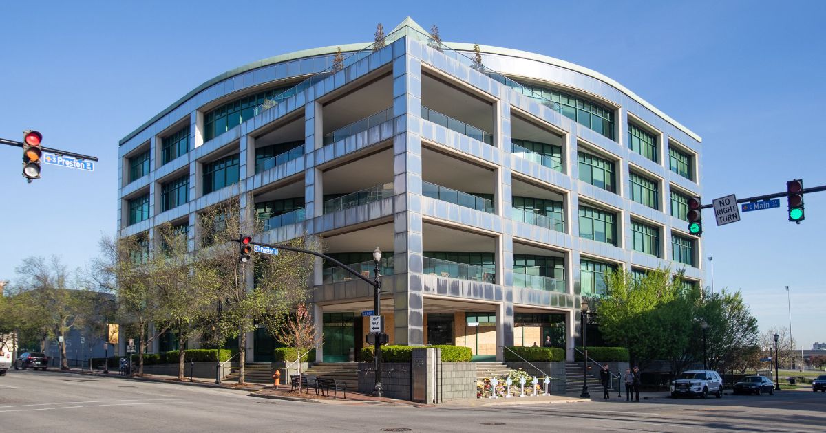 The Old National Bank site of the April 10, 2023, shooting in Louisville, Kentucky, on April 12 2023.